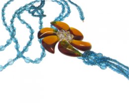 (image for) Long Turquoise Beaded Necklace, with Plum Glass Flower