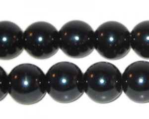 12mm Round Black Glass Pearl Bead, 8" string, approx. 18 beads