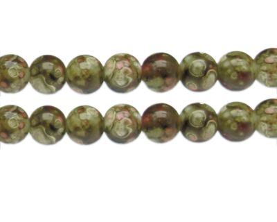 12mm Khaki/Red Swirl Marble-Style Glass Bead, approx. 14 beads