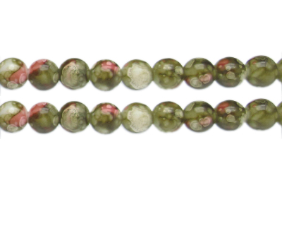 10mm Khaki/Red Swirl Marble-Style Glass Bead, approx. 18 beads