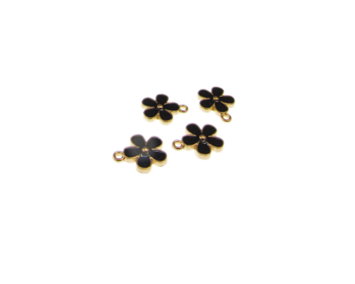 16 x 12mm Black Flower Enamel Gold Metal Charm, 4 charms