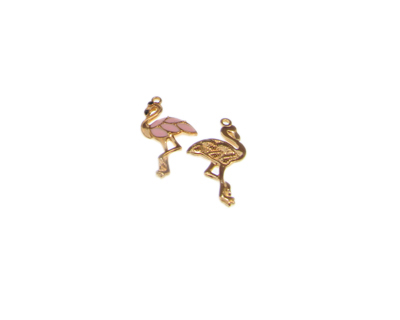 30 x 16mm Pink Flamingo Enamel Gold Metal Charm, 2 charms