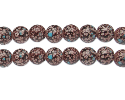 12mm Brown/Turq. Spot Marble-Style Glass Bead, approx. 14 beads