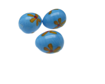 24 x 18mm Sky Blue Floral Lampwork Egg Glass Bead, 1 bead, NO Ho 24 x 18mm Sky Blue Floral Lampwork Egg Glass Bead, 1 bead, NO Ho
