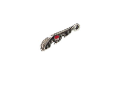 38 x 10mm Feather with Red Stone Silver Metal Pendant