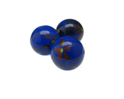 24mm Blue Floral Lampwork Glass Bead, 5 beads, NO Hole