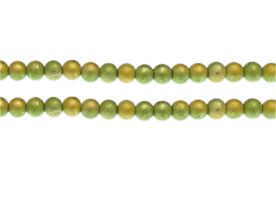 6mm Apple Green/Gold Drizzled Glass Bead, approx. 43 beads