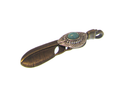 65 x 15mm Bronze Feather with Turquoise Gemstone Pendant, large