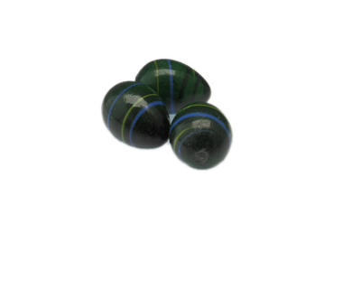 24 x 18mm Dark Green Stripe Lampwork Egg Glass Bead, 5 beads, NO
