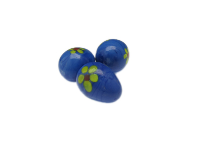 24 x 18mm Blue Floral Lampwork Egg Glass Bead, 1 bead, NO Hole