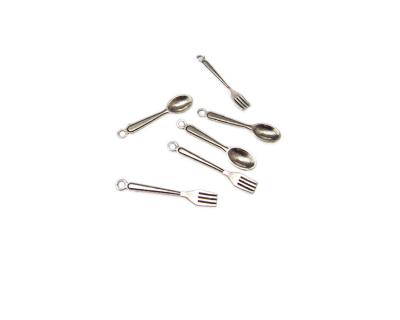 24 x 4mm Fork and Spoon Silver Metal Charms, 6 charms