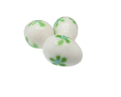 32 x 24mm White Floral Lampwork Egg Glass Bead, 1 bead, NO Hole
