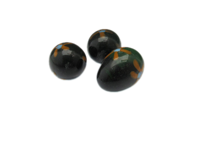 24 x 18mm Dark Green Floral Lampwork Egg Glass Bead, 5 beads, NO