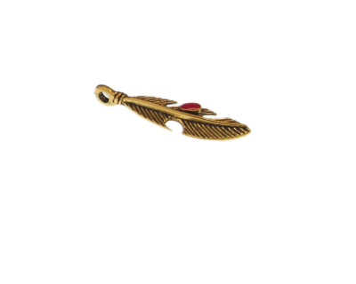 38 x 10mm Feather with Red Stone Gold Metal Pendant