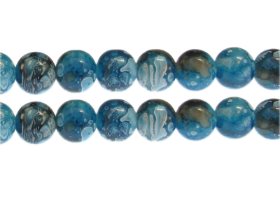 12mm Turquoise Swirl Marble-Style Glass Bead, approx. 14 beads