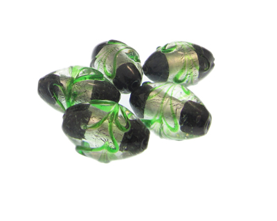 24 x 16mm Green/Black Oval Lampwork Glass Bead, 5 beads