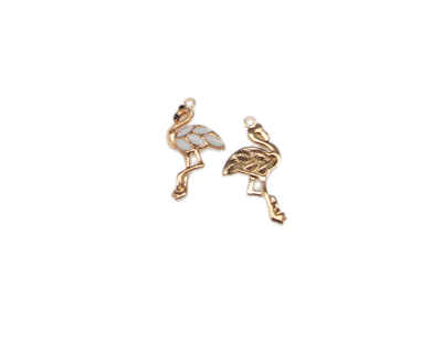 (image for) 30 x 16mm White Flamingo Enamel Gold Metal Charm, 2 charms