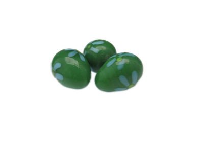 24 x 18mm Green Floral Lampwork Egg Glass Bead, 1 bead, NO Hole