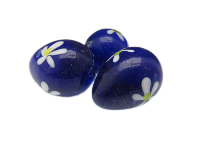 32 x 24mm Blue Floral Lampwork Egg Glass Bead, 1 bead, NO Hole