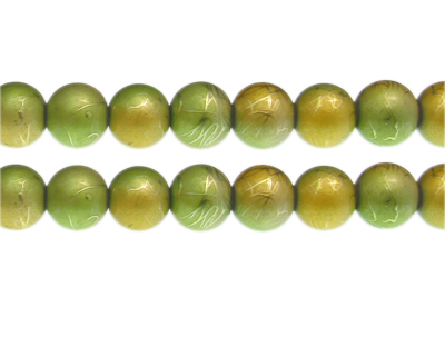 12mm Apple Green/Gold Drizzled Glass Bead, approx. 14 beads