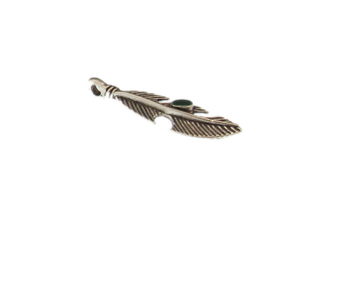 (image for) 38 x 10mm Feather with Green Stone Silver Metal Pendant