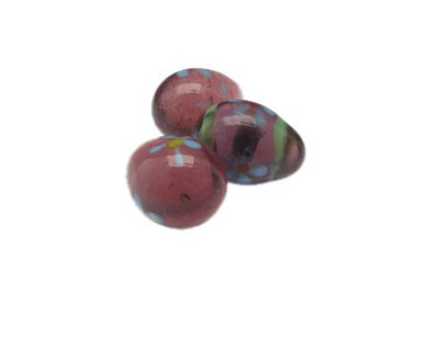 24 x 18mm Plum Floral Lampwork Egg Glass Bead, 1 bead, NO Hole