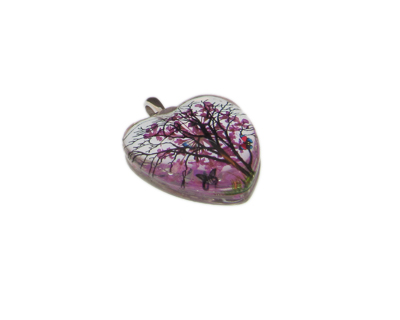24mm Lilac Heart Glass Pendant w/Tree