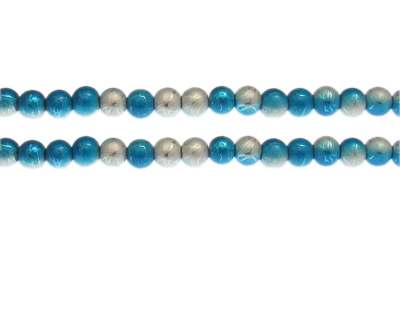 6mm Silver/Turquoise Drizzled Glass Bead, approx. 43 beads