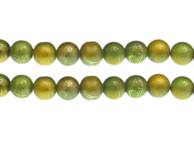 10mm Apple Green/Gold Drizzled Glass Bead, approx. 17 beads