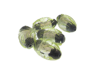 24 x 16mm Apple Green/Black Oval Lampwork Glass Bead, 5 beads