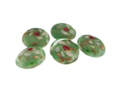 20mm Pale Green Floral Lampwork Glass Bead, 5 beads